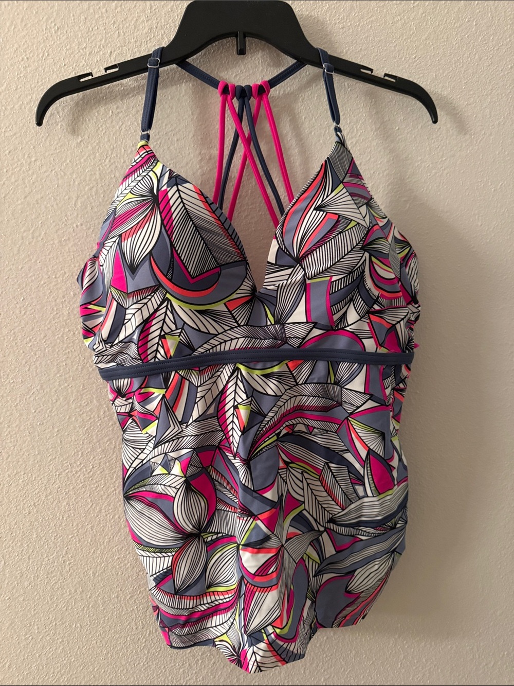 Women’s Pink Multi-Print Tankini Top - Stylish Strappy Back
